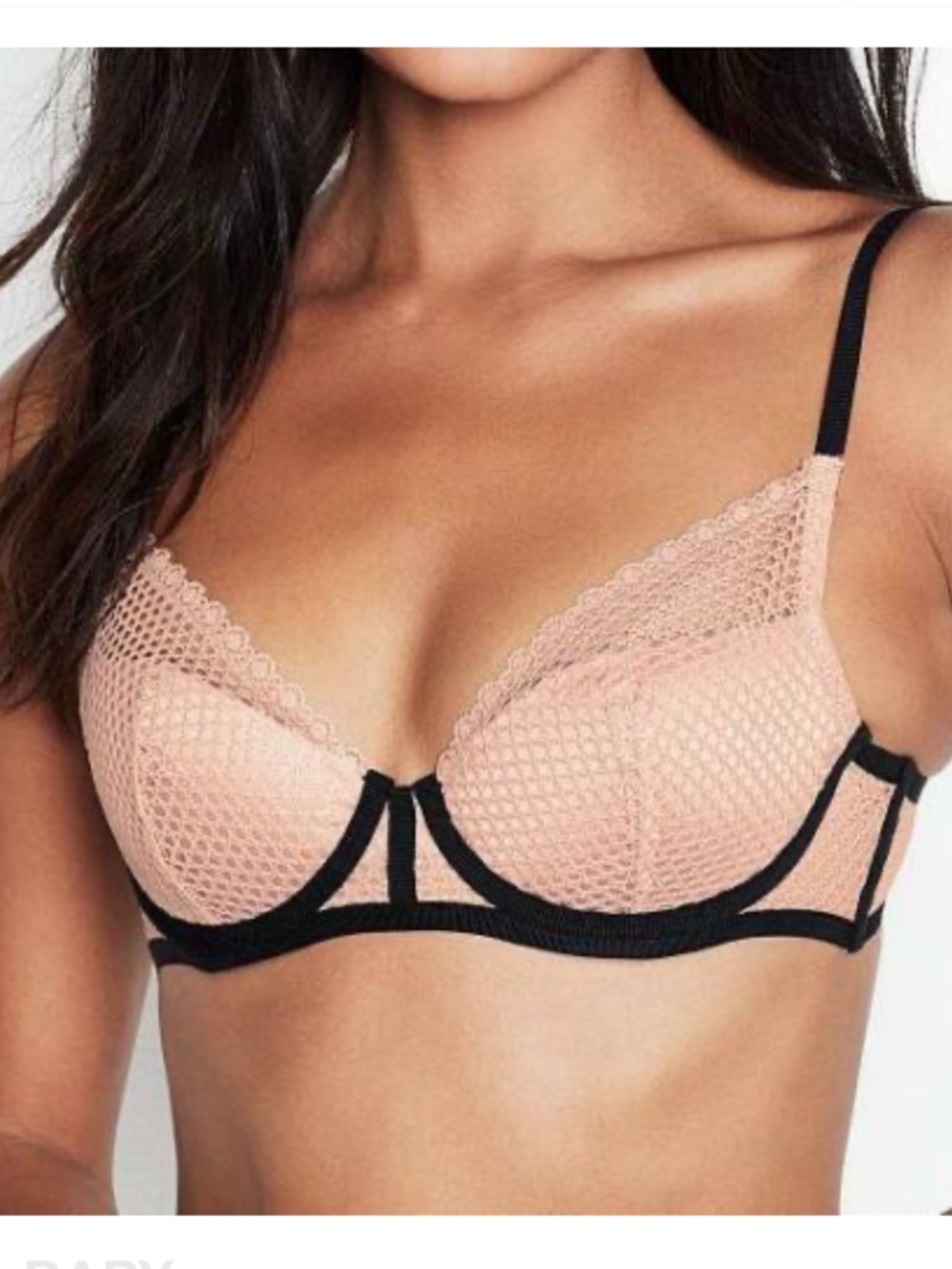 Victoria's Secret Blush Pink Mesh Plunge Underwire Bra with Black Trim 32D